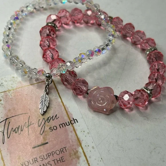 Pink Crystal & Rose Flower Bracelets - Picture 3 of 3